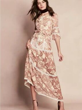 For Love & Lemons Blush Floral Lace High-Low Maxi Dress